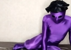Intense breath control kink with layered purple zentai, microhole rubber mask, and sighing management mask