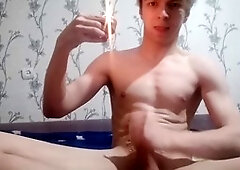 Guy indulges in cock play and wax dripping on himself for pleasure