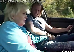 Old blond hitchhiker doggy-drilled outside