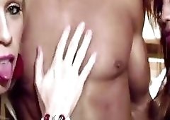 Muscular dude gets his ass gangbanged by three sexy trannies