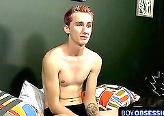 Inked stud with hairy cock interviews and masturbates solo session