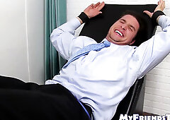 Handsome stud in suit tied up to have his bare feet teased