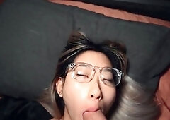 Nerdy Asian teen gives stepbro's big cock a try in POV