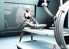 Female android plays with an alien in the sci-fi lab