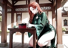 From the scholarly corridor to the quiet bamboo grove, a red-haired hotty in an emerald Qipao wanders throughout dappled light. The scene opens with p
