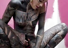 Our Tattooed Hotty alone in a work wear painting a room with pleasant color pink and gets slutty and begins to disrobe off her garments teasing as tha