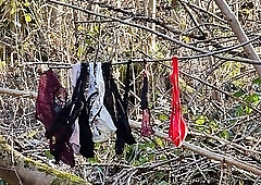 Found a stranger&rsquo;s Thong and String in the woods and covered them in my cum
