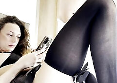 Exceedingly sexy slutty hotty in ebony nylons and leather suit schlong teases out of an climax but for her pleasure