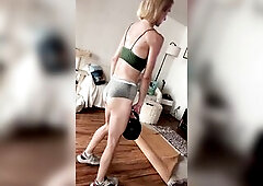 Fit slim blond upper body workout in pants (watch greater amount on OnlyFans)