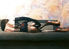 Crossdresser fuckslut romps herself with giant black fake penis