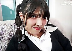 Young brunette girl in stockings gets fucked with cum on her pretty face