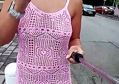 A stroll through the city in a sheer dress with no panties on