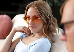 Beautiful brown-haired teen Maya Sinn is jumping on a big boner