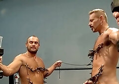 Cock stroking, naked, gay bondage