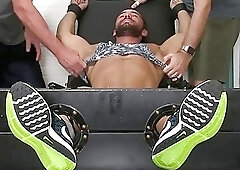 Naked man is bound for intense tickling