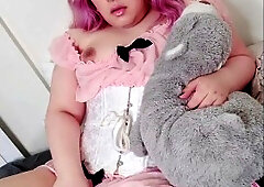 Teddy Bear In Pink Haired Trans Girl With A Dick Has Fun With Her Vibrators