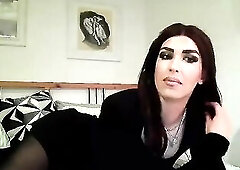Sissy crossdresser shows off on livecam in hose and pink pants, jerking her gal ramrod