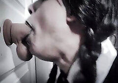 I cosplay as Wednesday Addams whilst I deepthroat and sloppy suck my sex toy. I love being such a messy gothic wench for the camera, but I got an addi