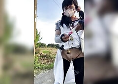 Along the highway, among the passing cars, I took out a massager. Each time the wind was meaty and my petticoat swayed, I felt like my outfit stood ou
