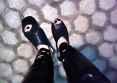 high platform sticks and spandex stretch pants