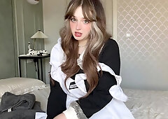 Cute young French maid shows her precious hole in innocent webcam show
