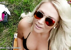 Big ass German amateur Tatjana-Young was outdoors wearing her bikini and enjoying the weather when she noticed a stranger spying on her so she took ad