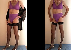 Boy dressed in purple dolls lingerie and pops on it