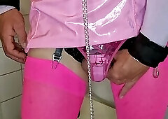 Caged Sissy Juliette playing for Daddy before bedtime with multiple sissygasms in panties