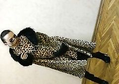 Oriental Sissy Ladyboy in Hot Leopard Coat and Leopard Dress and in High Heels Showing her Hawt Body