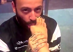 Light femdom and foot fetish play with brunette