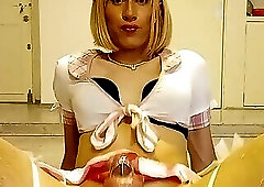 Hot sissy in chastity playing with huge dildo