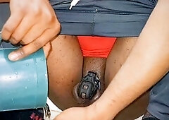 Submissive sissy prisoner pees like a woman in an innocent cell