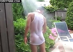Amazing boy in garden big cock jerks and cumshot after shower