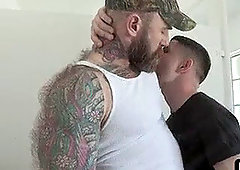 Old mind-blowing daddy with tattoos and ample dick fucked hard his young crystal-eyed stepson in the bathroom