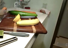 Brunette solo casting session turns into fruit and vegetable play
