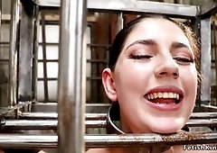 Brunette slave Miranda Miller with shackled neck in small cage wanking big dicks then in bondage and strait jacket gets gangbang fucked in group