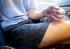 Risqué exhibitionist masturbates on a train, explodes with cum!