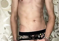 Young faggot jerked off in girls underwear