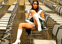 Cosplay girl flashes herself in full costume at crowded convention