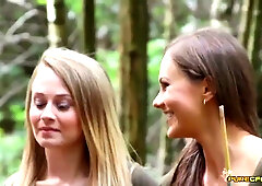 Ruthless clothed femdoms lure a clueless guy into the woods for a prank and tie him naked to a tree for brutal outdoor BDSM humiliation