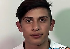 Bareback banged twink sucking two hard daddy dicks