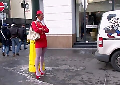 Lascivious stewardess is using each single opportunity to have sex, 'cuz this babe loves it so much