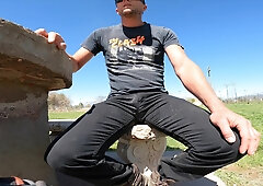 Peeing jism-stained goth denim in a public park