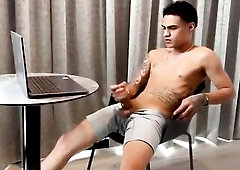 Large-assed wench in fishnet underware and leather boots gives a slim dude a oral-job