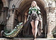 Bathed in sunlight within a medieval wooden hall, the golden-haired knight takes center stage in her constricted green armor. That babe embodies one a