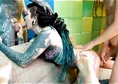 Mayhem group fuck pov - two tattoo women vs three Big Dicks - ass fucking, atm, facials