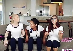 Three slutty babes suck and ride friends dick