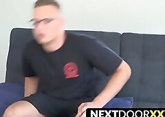 Bald inked stud with a beard plays with his hard cock