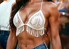 Fit Trans Cowgirl in Fringe Bikini Top Sticking Tongue Out at Festival