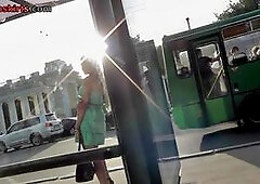 Girl In The Summer Dress Was Upskirted At The Bus Stop